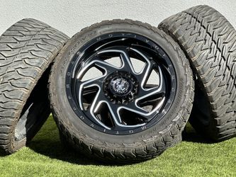22” Motiv Rims Black 8x180 wheels Chevy 2500 Silverado GMC Sierra Denali 3500HD 33” Tires M/T 12ply