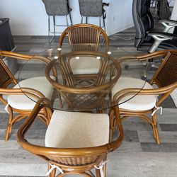 Round Glass Top Dining Set with 4 Matching Woven Chairs