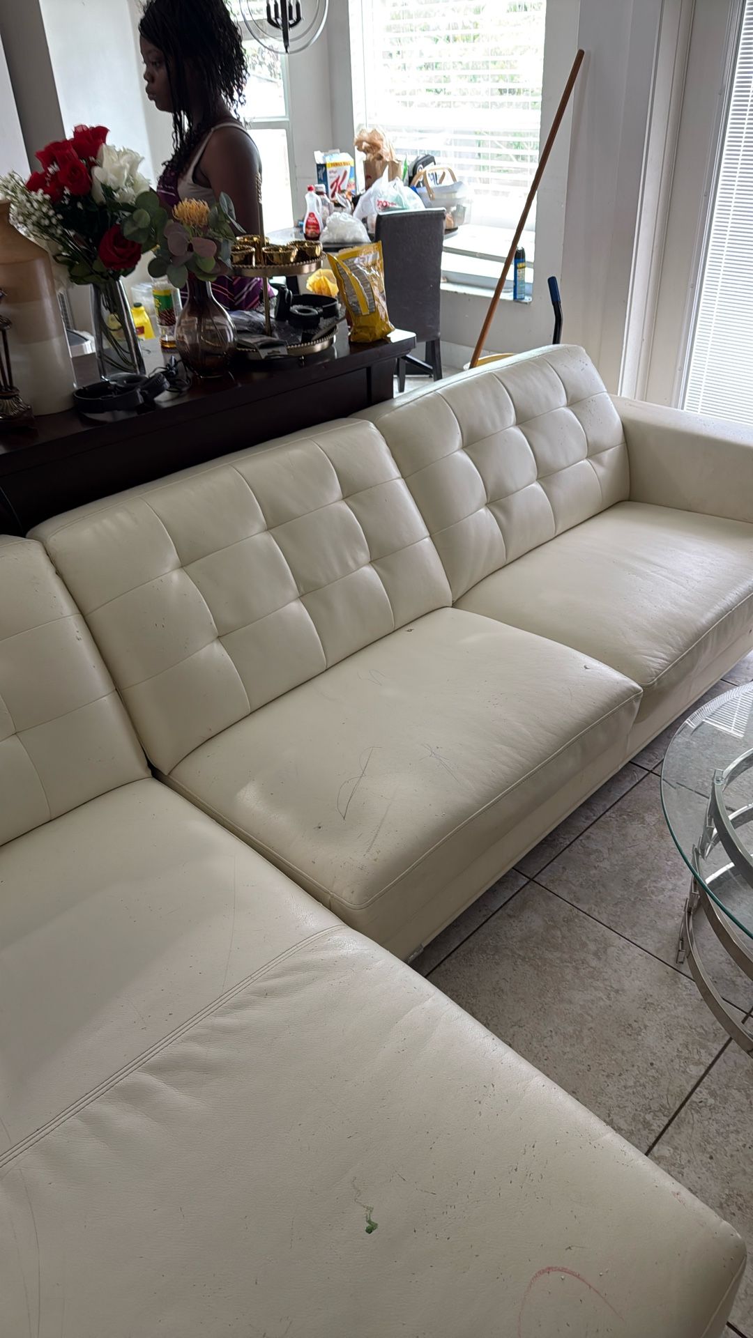 L Shape Leather Sofa With Coffee Table And 2 Side Table And 1 Extra Chair 