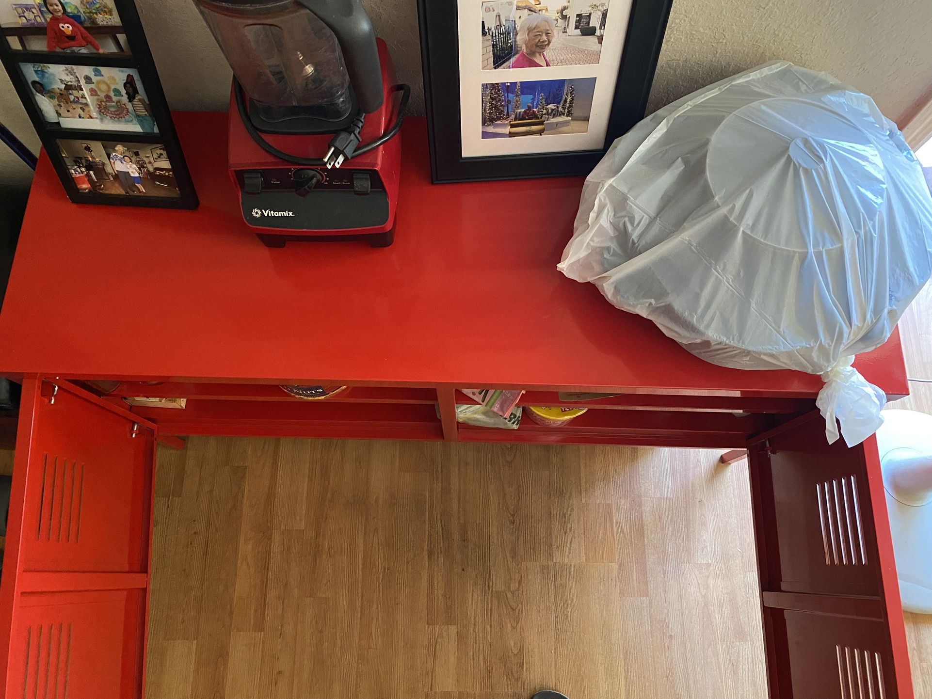 One Large Red Cabinet And One Small Red Shelf