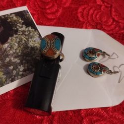 Turquoise & Coral Earrings + Ring