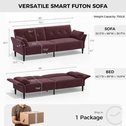 89” Futon Sofa Bed, Comfy Futon Couch Bed with 2 Square Pillows, Convertible Sleeper Sofa with Adjustable Backrest& Armrests, Modern Loveseat Sleeper 