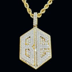 10k solid yellow gold CZ stone Hip Hop “B E” medallion pendant & 19” Rope chain 3mm Necklace
