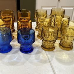 12 Vintage Anchor Hocking Honeycomb Drinking Glasses, 10 Amber 2 Blue