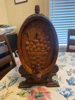 Vintage Oak hand carved wine barrel. Dispensary working parts, oak with iron bands.