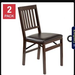 Stammered Wood Folding Chair With Leather Seat, Espresso, 2-pack