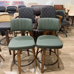 25.2” Swivel Bar Stools Set of 2,Green Faux Leather Counter Height Barstools with Back,Mid Century Modern Wood High Walnut Bar Chairs,Modern Kitchen I