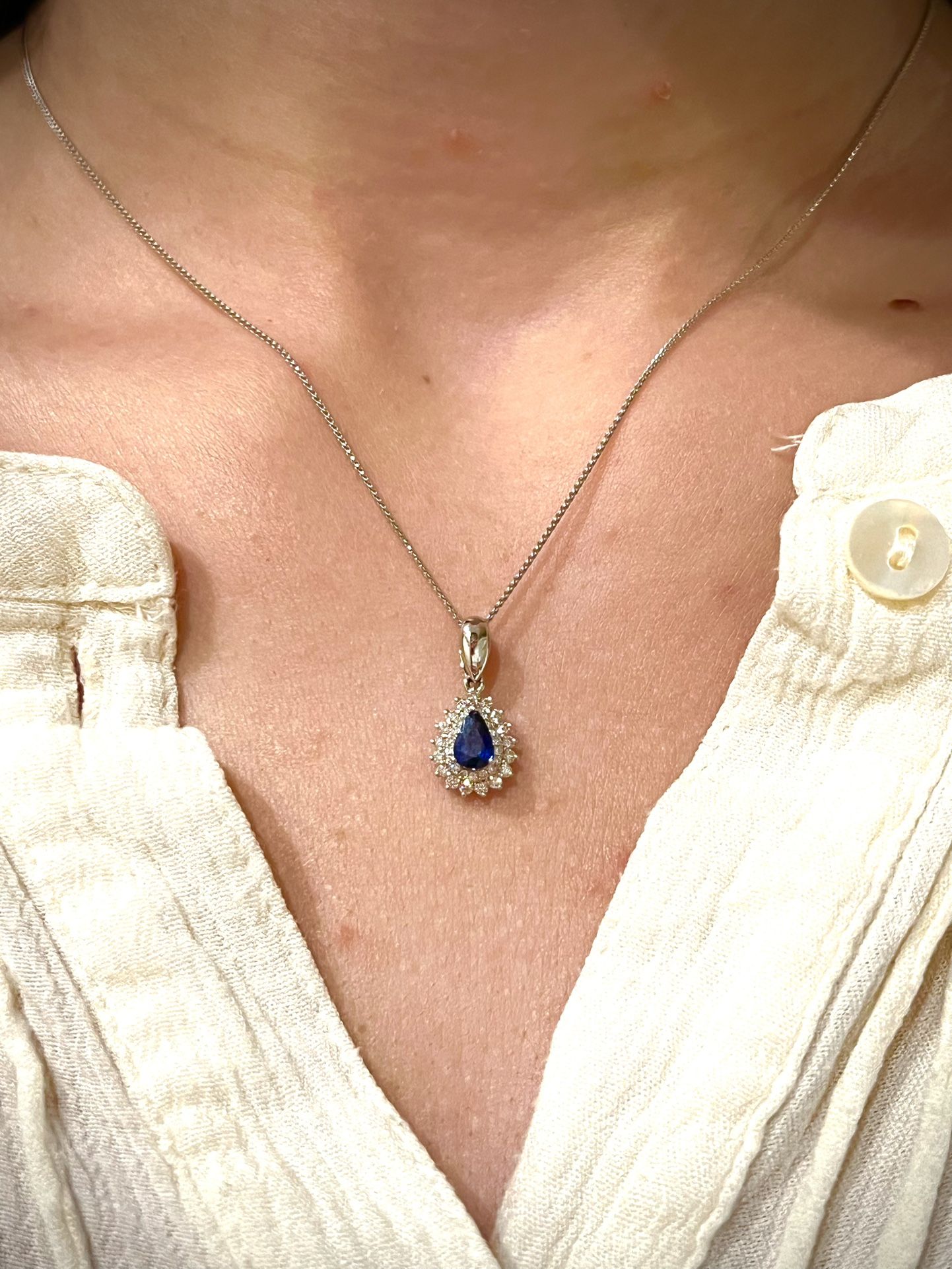 18k Diamond Sapphire Pendant with 16 inch 14K White Gold Wheat Chain