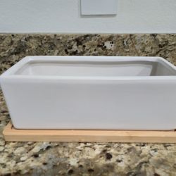 Medium White Ceramic Rectangle Planter with Attached Bamboo Tray (9" L x 8.5" W x 3.4" H)