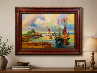 Original Framed Oil Painting on Canvas – Sailboat Harbor Scene-home decor