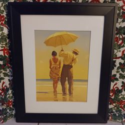 Framed Beach Couple Art Print Yellow Umbrella