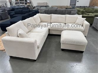 New Modern White Ivory Beige Fabric Sectional Couch and Ottoman Sofa Set Contemporary Designer Style Ashley IKEA style Staging Furniture Living Room 