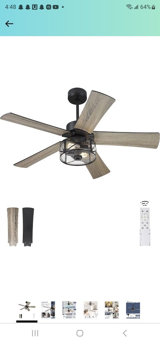 YOUKAIN Farmhouse Ceiling Fans, 48 Inch Industrial Ceiling Fan with Light and Remote Control, Clear Glass, 5-Reversible Blades with Matte Black/Wooden