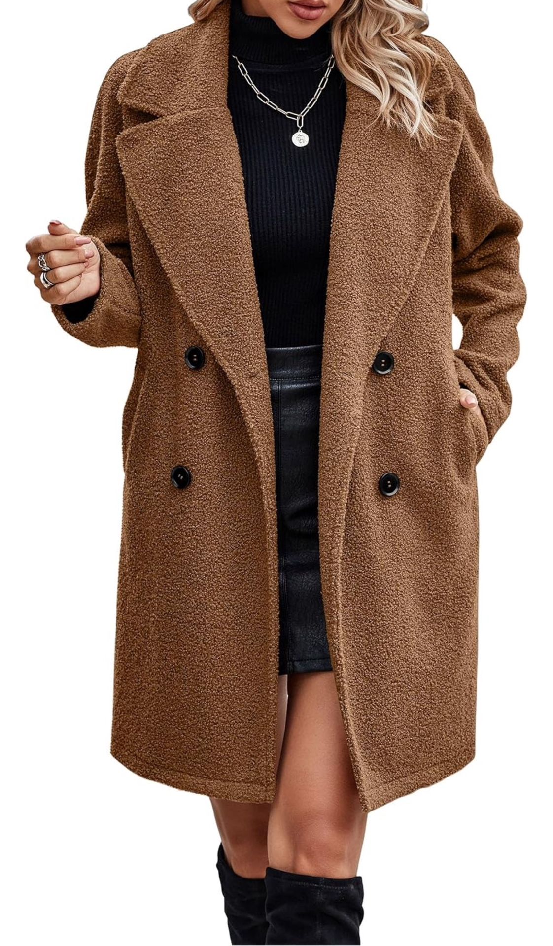 Women Long Sherpa Coat - Fuzzy Faux Fur Trench Jackets Winter Fleece Button Cardigan With Pockets
