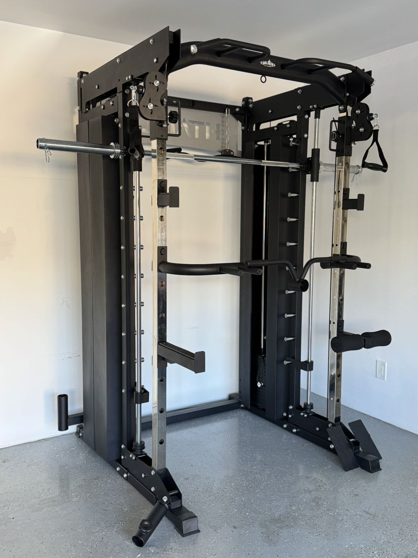 Smith Machine, Pulley System, Power Rack, Rubber Weights, Dumbbells