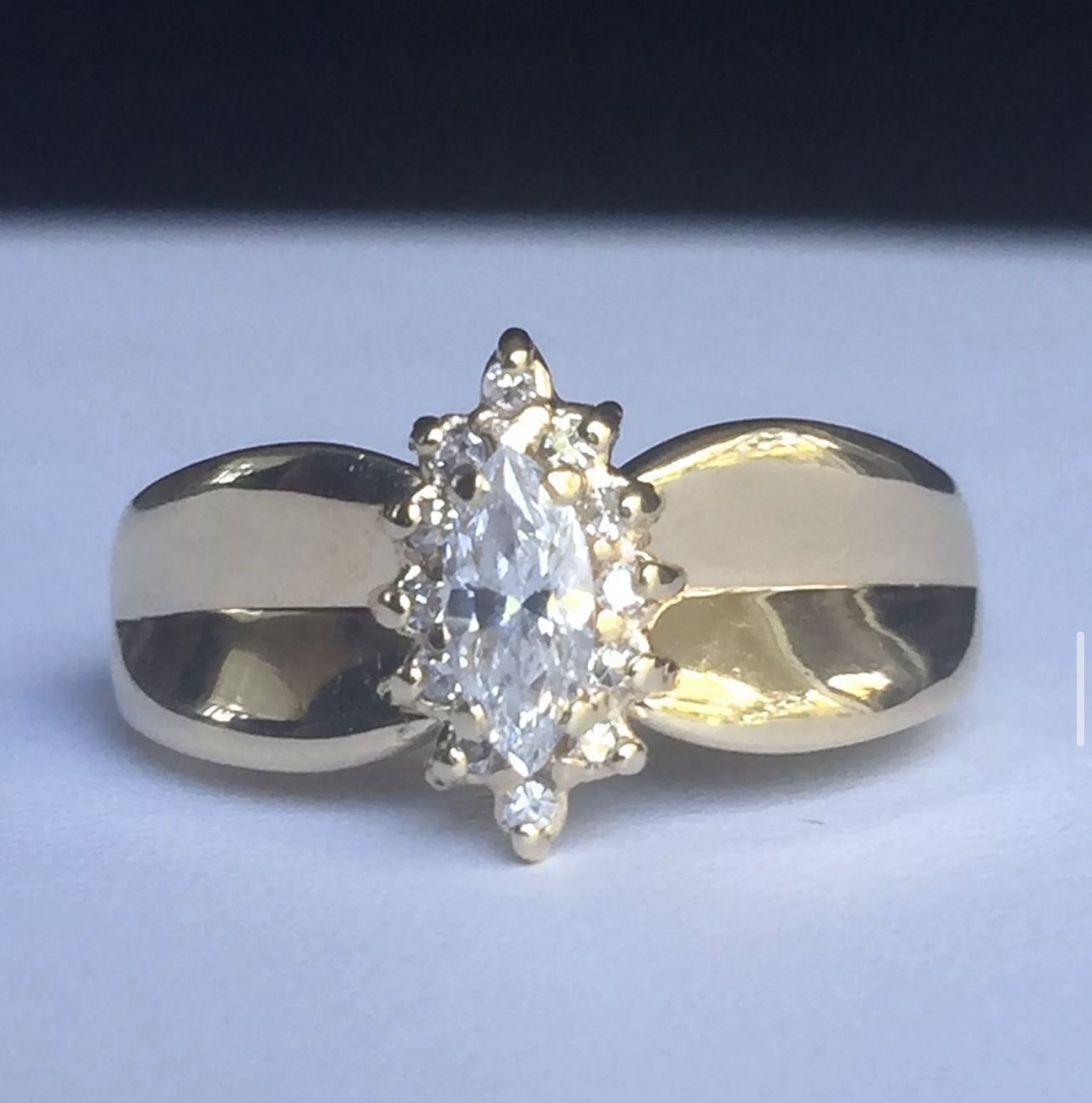 14K Yellow Gold .37CT Marquise & Round Diamond Engagement Ring SI1 G / SI1 H, 4.8 Grams, Sizable 7.75