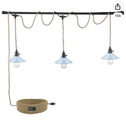Brand New Emliviar Plug in Chandelier w/Cord - 3-Light Pendant Lighting 29FT Twisted Rope Hemp Rope