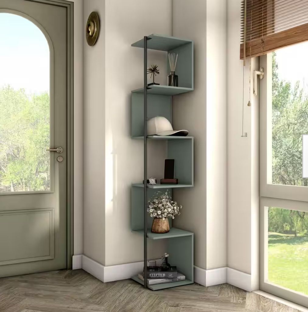 FURNITURE OF AMERICA YAZTRA 62.25 IN. TALL SAGE GREEN COMPOSITE 5-SHELF CORNER BOOKCASE WITH CYLINDER METAL LEG POST