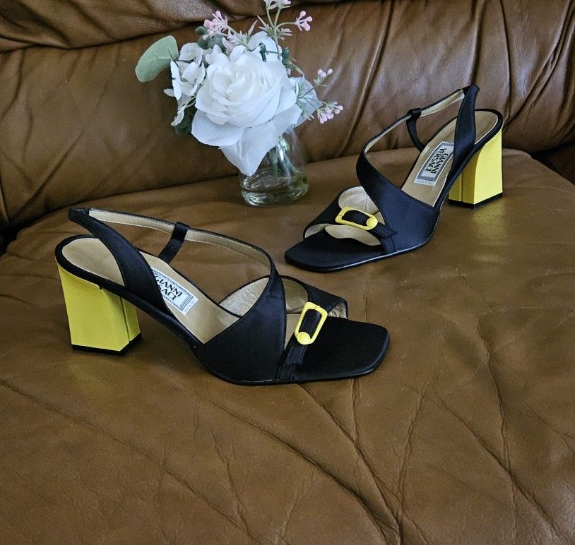 Women's Gianni Versace Black Satin Fabric With Yellow Accent Sandals Size 5.5 US