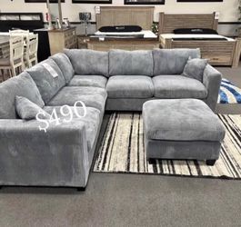 Stunning 4-pc sectional sofa with ottoman grey Corduroy