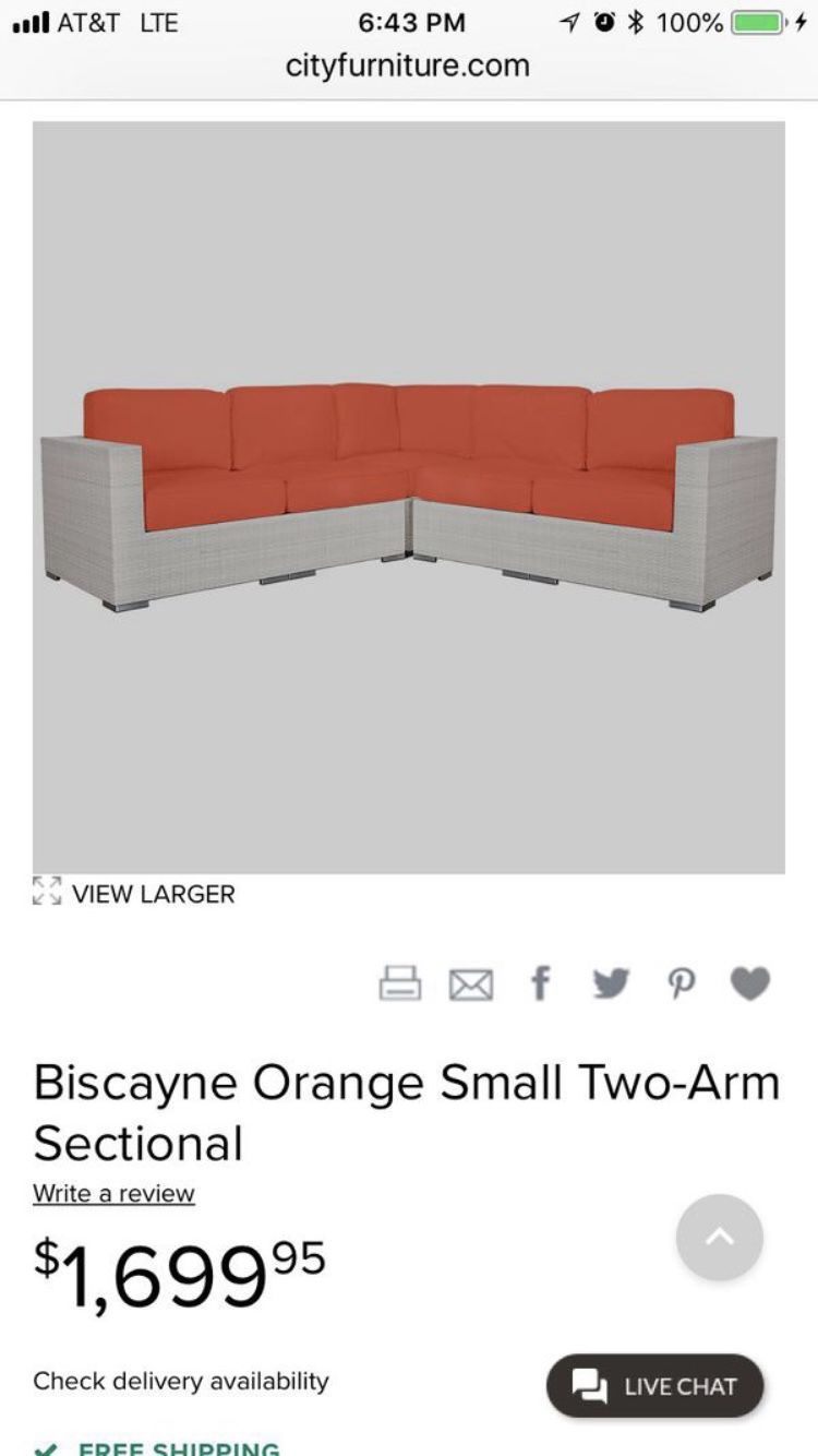 Biscayne Orange Small Two-Arm Sectional and White Rectangular Coffee Table