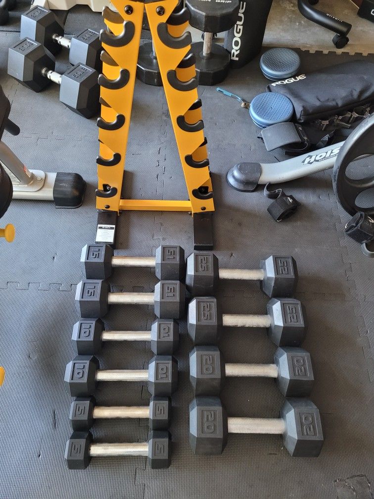 New Rubber Coated Hex Dumbbells (2x5Lbs,2x10Lbs,2x15Lbs,2x20Lbs,2x25Lbs) and Rack for $180 Firm (Walnut 91789)
