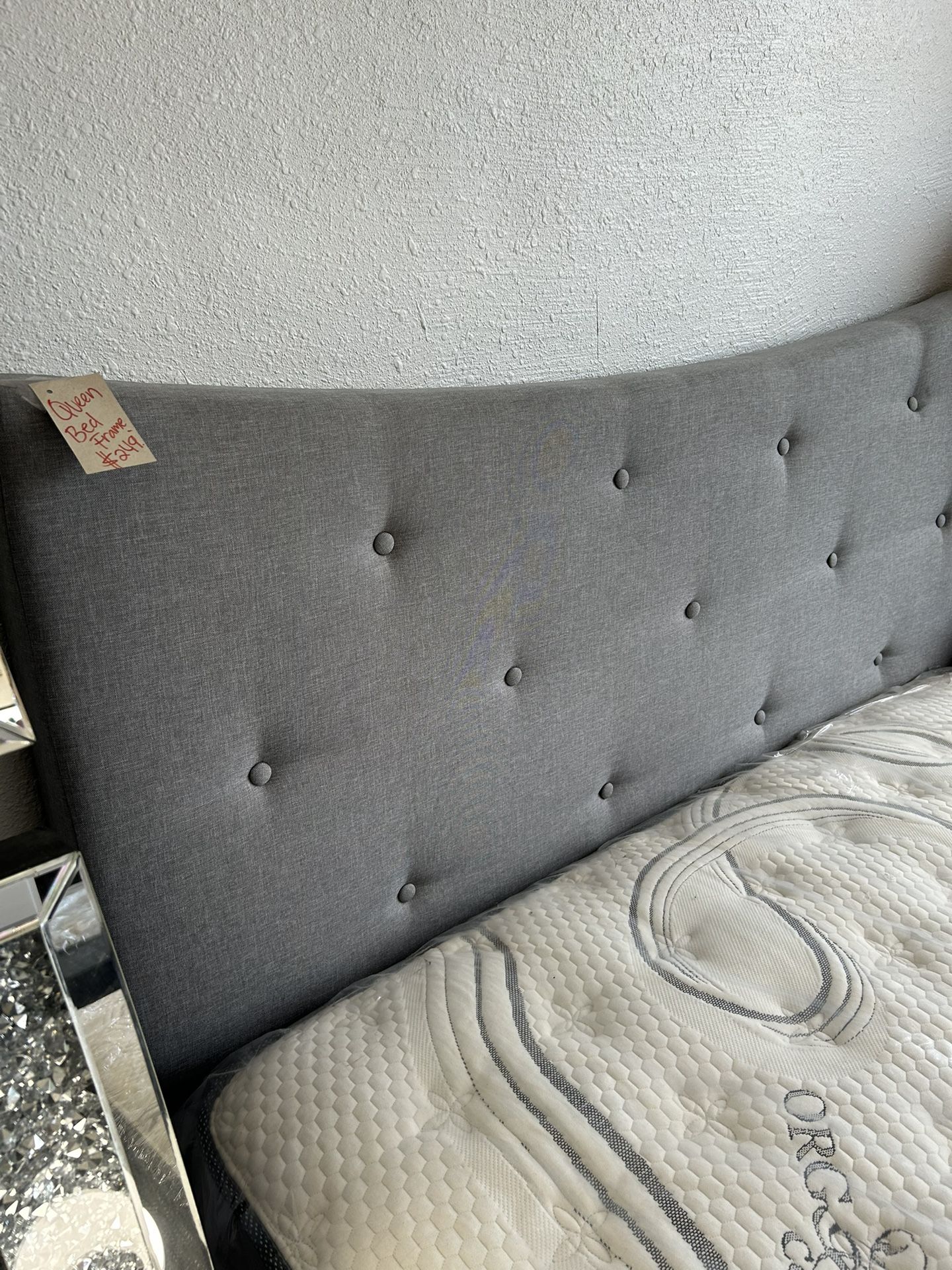 Gray Upholstered Queen Size Bed Frame