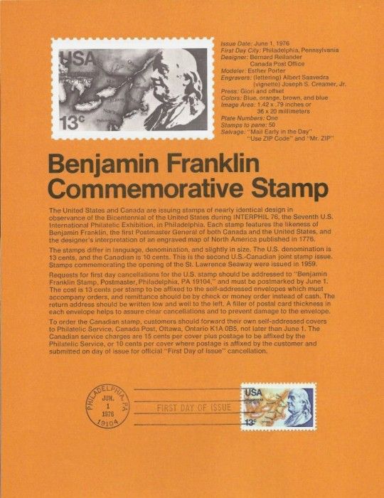 7614 13c Benjamin Franklin Stamp #1690 Souvenir Page