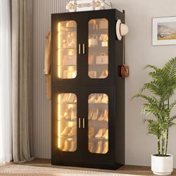 67" Display Cabinet with Glass Doors & LED Lighting - 8-Tier Storage Cabinet with 330lb Capacity & Adjustable Shelves for Entryway, Bedroom