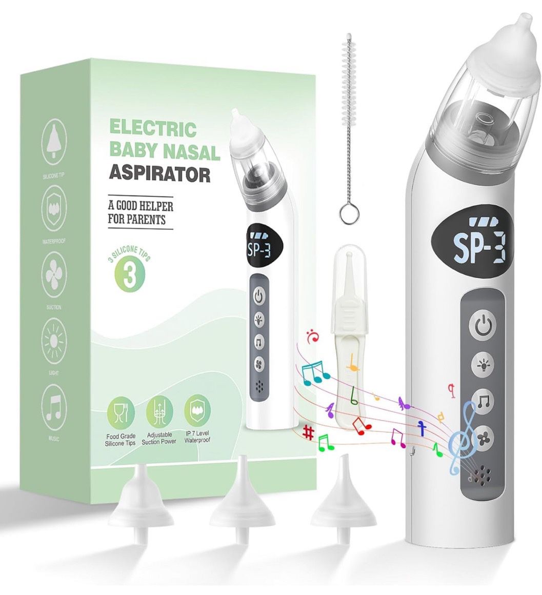 Nasal Aspirator for Baby, Waterproof Electric Baby Nasal Aspirator, Baby Nose Sucker with 3 Silicone Tips, Adjustable 3 Levels Suction, Rechargeable, 