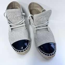 Authentic Chanel Crackled Calfskin High Top Espadrilles 39 Light Beige Black