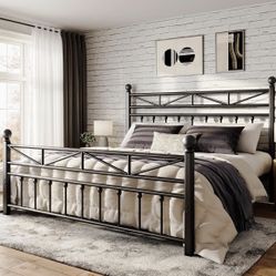 M69-54" Metal King Bed Frame with Tall Headboard & Footboard, LED Light King Bed Frame, Strong Metal Slats Support and Noise-Free Design with Under Be