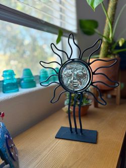 Celestial Wrought Iron Sun Face Glass Candle Holder 12" Whimsigoth Decor