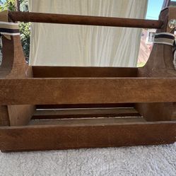 VTG Rustic Wooden Basket With Spindle Handle Farmhouse Bottle Caddy12x7x9.5”ht