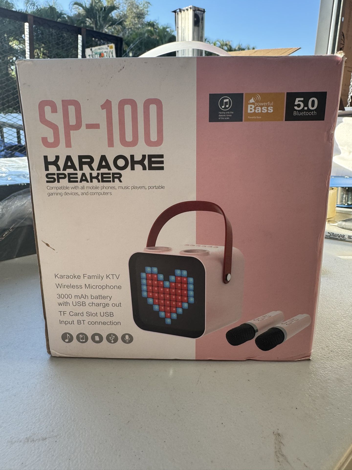 Protable Karaoke Machine with Two Wireless Microphones Rechargeable Bluetooth Karaoke Speaker for Kid and Adult Singing PA Speaker System 18 LED Patte