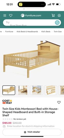 Twin Size Kids Montessori Bed with House-Shaped Headboard and Built-in Storage Shelf