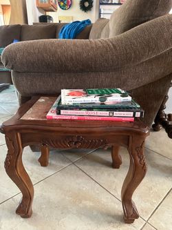 Small carved wood marble-top table, well-made, sturdy, weighs 23 lbs.