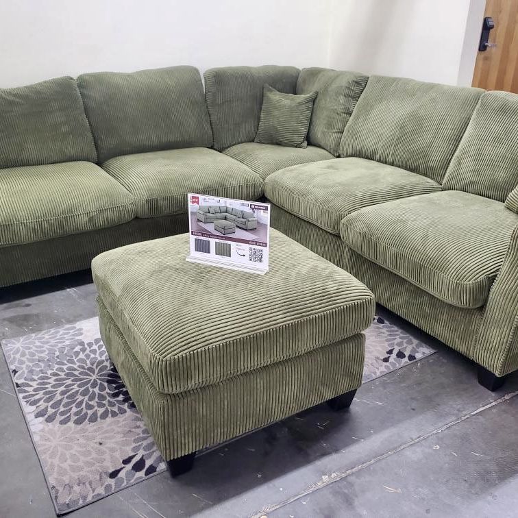 Green Sectional Sofa - Soft Green Corduroy Fabric