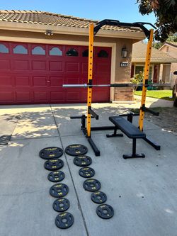 Power Rack, Bench, Barbell & Weight Plates Set