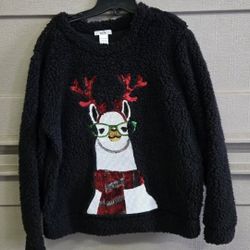 Isela Black Sequined Llama Christmas Fuzzy Women's Sweater Size Large