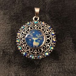 Big Round Silver Blue Rhinestone Blue Deer Pendant Winter Jewelry