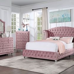 4 PIECE QUEEN SIZE BEDROOM SET DREESER NIGHTSTAND MIRROR GLAM STYLE PINK VELVET