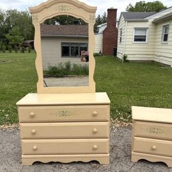 Cute 3 drawer dresser with mirror and matching nightstand. They have some cosmetic wear.