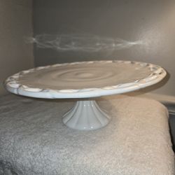 14 Inch Pitman Dreitzer Milk Glass Lace Edge Cake Stand