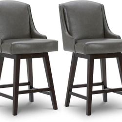 🥨2Pcs 26" Seat-Height CHITA Counter Height Swivel Barstools, FSC Certified Upholstered Faux Leather Bar Stools,Retro Grey