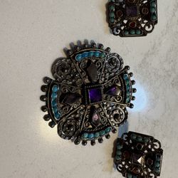 Amethyst and turquoise pin/ pendant and matching earrings. 