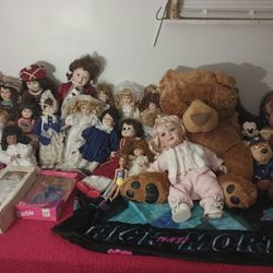 Porcelain Dolls And Stuffed Animal 