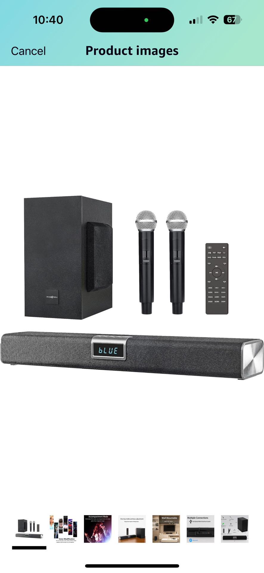 Soundbar with 2 Wireless Microphones 2.1CH Bluetooth Sound Bar with Subwoofer, Karaoke Machine with Vocal Elimination, Sound Modification, Ambient Spe