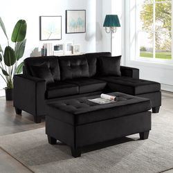 Naomi black velvet-reversible sectional & ottoman set 💕🚛✅👀🔥📲😍