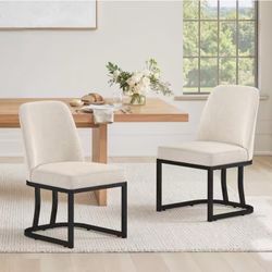 Set of 2 Linen Fabric Curved Backrest Dining Chair Black Metal Legs Kitchen Chair